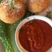 Crispy Rice Balls (2) · Two large balls filled with ground beef, peas, mozzarella cheese encrusted in panko bread cr...
