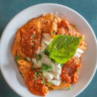 Baked Ziti Dinner · Penne noodles, three-cheese blend, fresh basil, tomato sauce, mozzarella baked to perfection.
