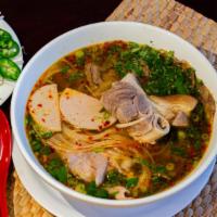 Bún Bò Huế · Spicy Lemongrass Beef With Pork Hook, Vietnamese Ham (Pork), Fat Brisket, Flank Steak. Conta...