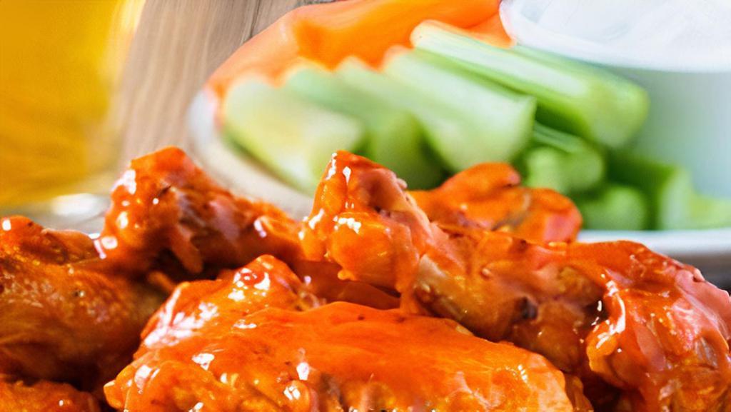 Wings · Served with celery and bleu cheese or ranch. Extra bleu cheese or ranch for an additional charge.