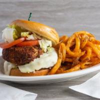 Chesapeake Burger · Topped with crab cake, Old bay & provolone cheese.