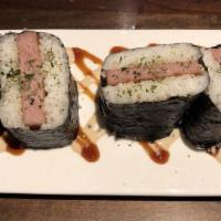 Spam Musubi · Teriyaki marinated, seared spam wrapped in sticky rice and nori seaweed, atop uncle's secret...