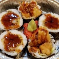 Tempura Shrimp Roll 天妇罗虾卷 [ D10 ] · Tempura shrimp and cucumber in a roll.