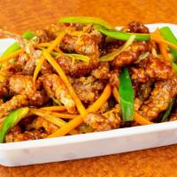 Shredded Crispy Beef Szechuan Style 四川牛 · Hot and spicy. Served with rice.