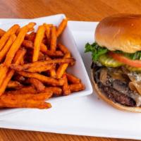 Great Hills Blue Burger · The classic with blue cheese, caramelized onions and crimini mushrooms.