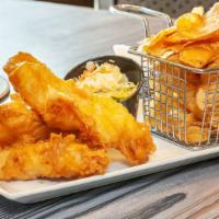 Fish & Chips · Beer-battered cod, fries, cabbage slaw