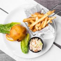 Crab Fluff(S) · Beer-battered, lightly fried, 5 oz. jumbo lump crab cake(s), fries, cabbage slaw