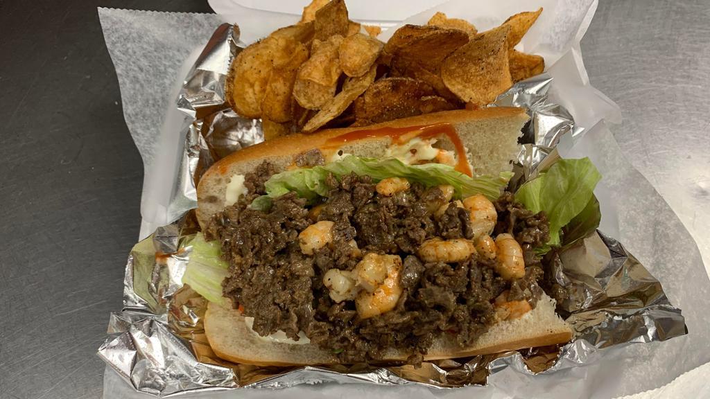 Shrimp Cheesesteak Sub · An overstuffed sub stuffed with a generous portion of shrimp and cheesesteak