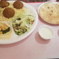 Falafel Platter · Basmati Rice falafel hummus salad or pasta salad and one pita bread