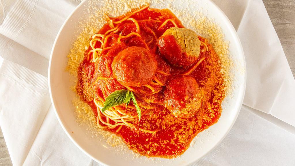 Pasta Marinara · Spaghetti tossed with marinara sauce and parmesan cheese. Add meatballs, sausage, or roasted eggplant, add shrimp for an additional charge.