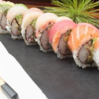 Rainbow Roll · California roll with tuna, salmon, white fish and shrimp on top.