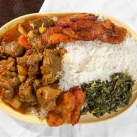 Curry Goat · Tender curry goat served with rice and peas/ or white rice/ or roti, cabbage, and plantains