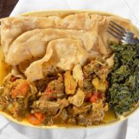 Curry Chicken · Served with rice and peas/ or white rice/ or roti, curry cabbage, and plantain.