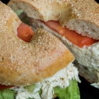 Chicken Salad Sandwich · Available on a bagel, bread, Kaiser Roll, grilled Panini or wheat wrap. Served w/ lettuce, t...
