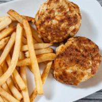 Crab Cake (Two Pieces) · Maryland jumbo lump crab cake. Served with fries.