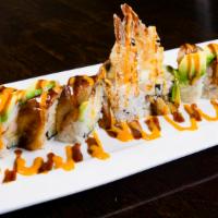 Samurai Roll (8 Pieces) · Shrimp tempura and cucumber inside, topped with eel and avocado finished with spicy mayo spe...