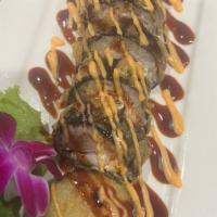 Las Vegas Roll (10 Pieces) · Spicy. (Deep fried). crab sticks, cream cheese, and shrimp topped with spicy mayonnaise and ...