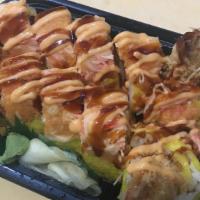 Angry Dragon Roll (10 Pieces) · Spicy. Shrimp tempura, spicy tuna, mango inside wrapped soy paper with spicy crab and chef's...