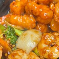Inferno Dragon & Phoenix · Spicy. A half plate of General Tso's chicken and half plate of Szechuan spicy shrimp.