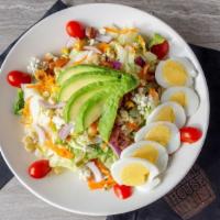 Cobb Salad · Gluten free. Mixed greens, red onions, bacon, hard boiled egg, tomato, avocado, bleu cheese ...