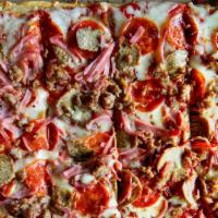 Pizza Romana The Butcher Shop  · zesty pizza sauce, mozzarella, pepperoni, sausage, meatballs, ham, bacon bits