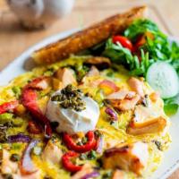 Salmon Frittata · asparagus/red onion/red pepper/fried capers/dill weed/cream cheese/chipotle hollandaise/lemo...