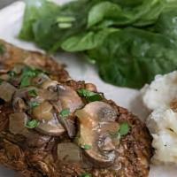 Vegan Salisbury Steak · Two veggie patties served with a mushroom sauce, rice, and veg du jour (veg of the day)